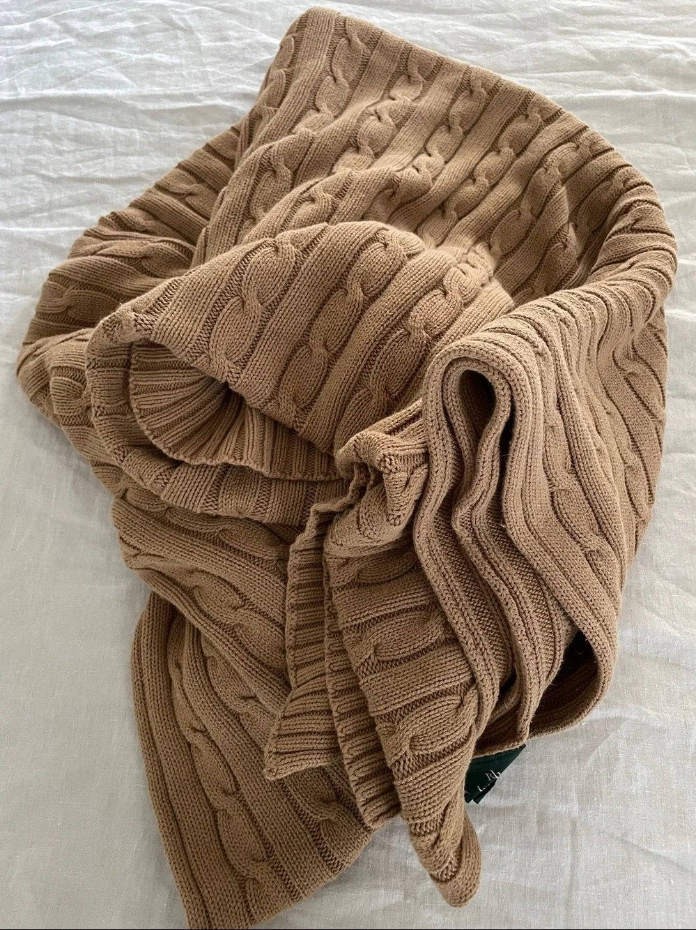 Ralph Lauren cable knit wrap blanket throw cotton camel beige 54 x 72”